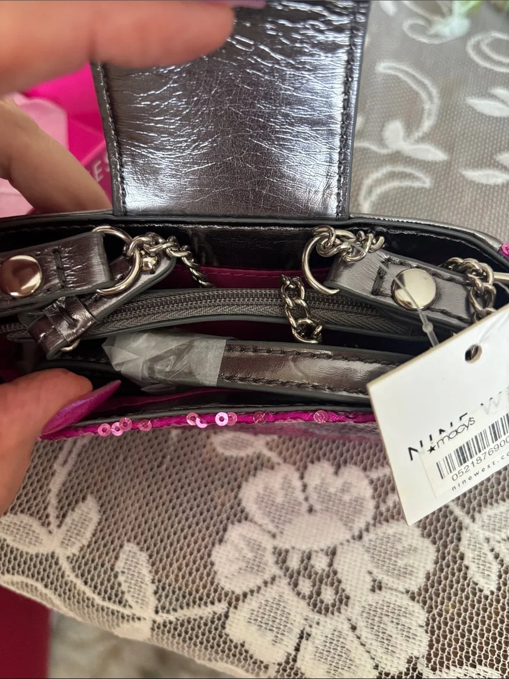NIB Nine West Pink and Silver Sequin Phone Clutch with Logo Plate. Original box